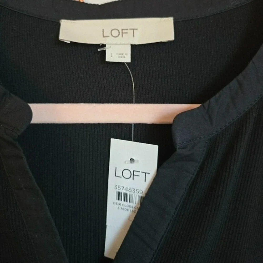 LOFT NEW Black Plaid Henley Mixed Media Blouson Shirt Top SZ Large Academia